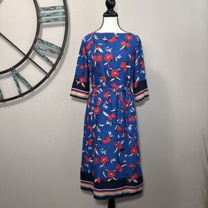 Ann Taylor Dress XS NWT $169 Blue & Red Floral 3/4 Sleeves Lined Boat Neck Midi